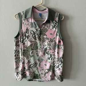 GG Blue Sleeveless Polo Top Green Pink Floral Women's  Size L Golf Pickleball